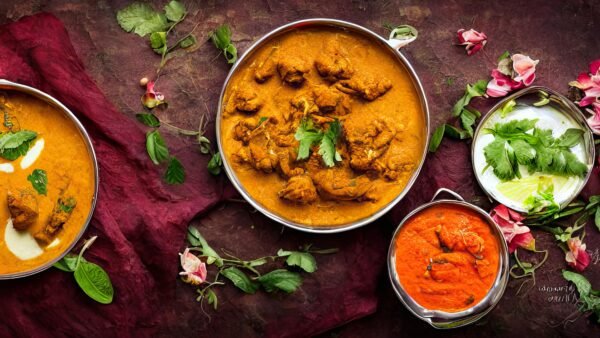Tantalizing Indian curry dishes with fresh herbs, rich colors, and spices.