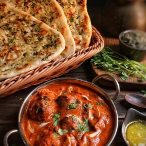 Close-up of flavorful butter chicken with garlic naan, capturing the essence of Indian cuisine.